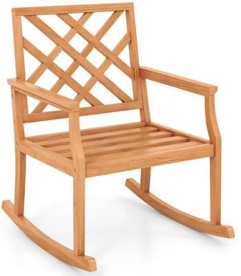 Costway Teak Wood Rocking Chair with Backrest and Slatted Seat