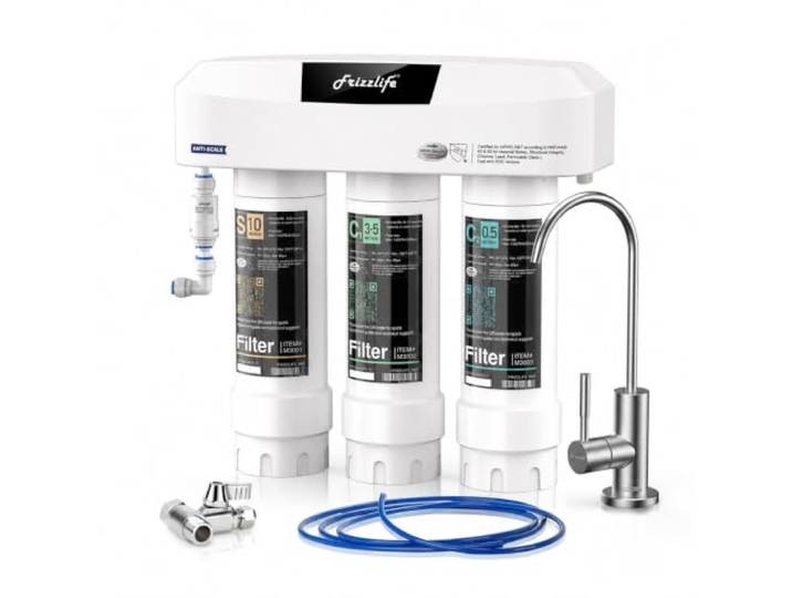 Frizzlife SP99 Untertisch Wasserfilter mit Wasserhahn, 3-stufige 0,5 Mikron Wasserfilter Trinkwasser, NSF/ANSI 42&53 Zertifiziert, Entfernt 99,99% Blei, Chlor, Chloramin, Fluorid