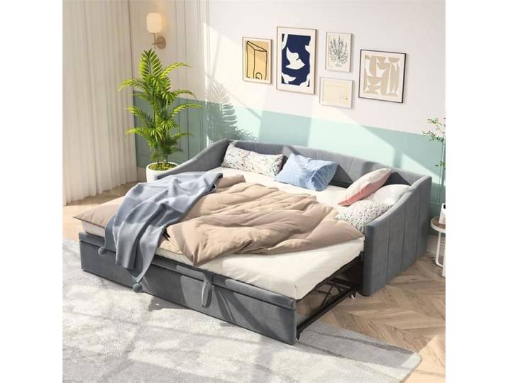 Canapé-lit - DREAMMESPACE - Lit gigogne 90-180x200cm - Velours gris - 2 places - Design contemporain