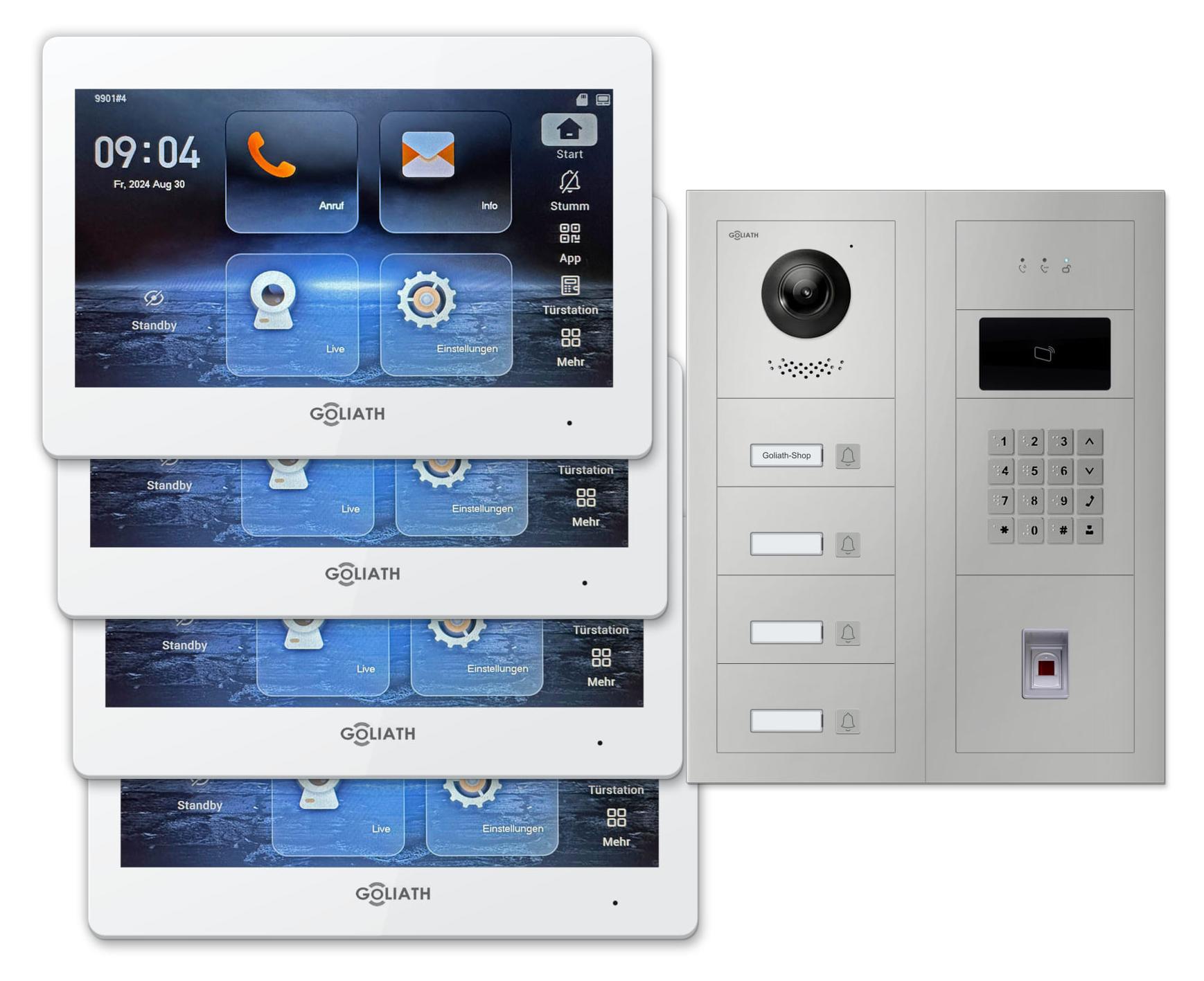 Goliath Premium 2-Draht GL-HB490 Video-Türsprechanlage, 4 Familien, 4× 7 Zoll Weiß, Silber, Unterputz, Fingerprint/RFID/Zahlencode + Feedback