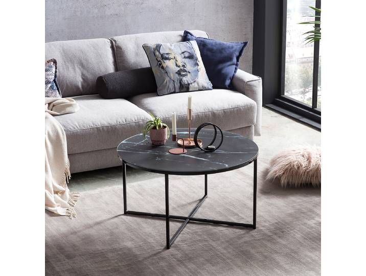 Table basse ronde Morrin Ø 80cm Noir/Imitation marbre noir/Noir