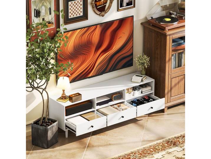 Meuble TV pour écran 75 pouces blanc 3 compartiments ouverts 3 tiroirs panneau de particules
