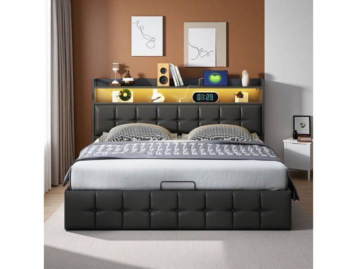 Lit Coffre LED 140x200 - Rangement XXL - Tête de Lit avec Recharge - Cuir Noir - Design Épuré