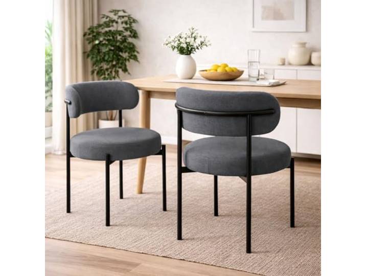 HAGO24 Esszimmerstühle 2er Set Schiefergrau Teddystoff Bezug Grau Polsterstuhl 49cm Sitzhöhe Polsterstuhl Schwarze Metallfüße