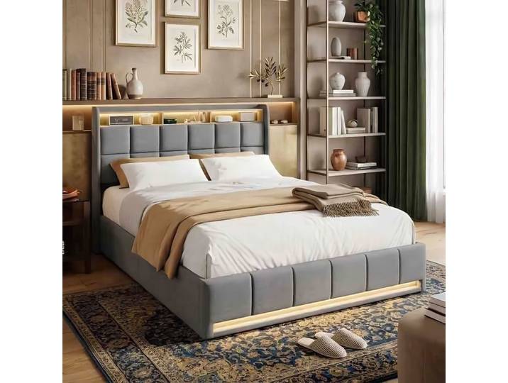Lit Double 160x200cm - Grand Coffre de Rangement - Prises USB & Type-C - LED - Tissu Gris - Design Élégant