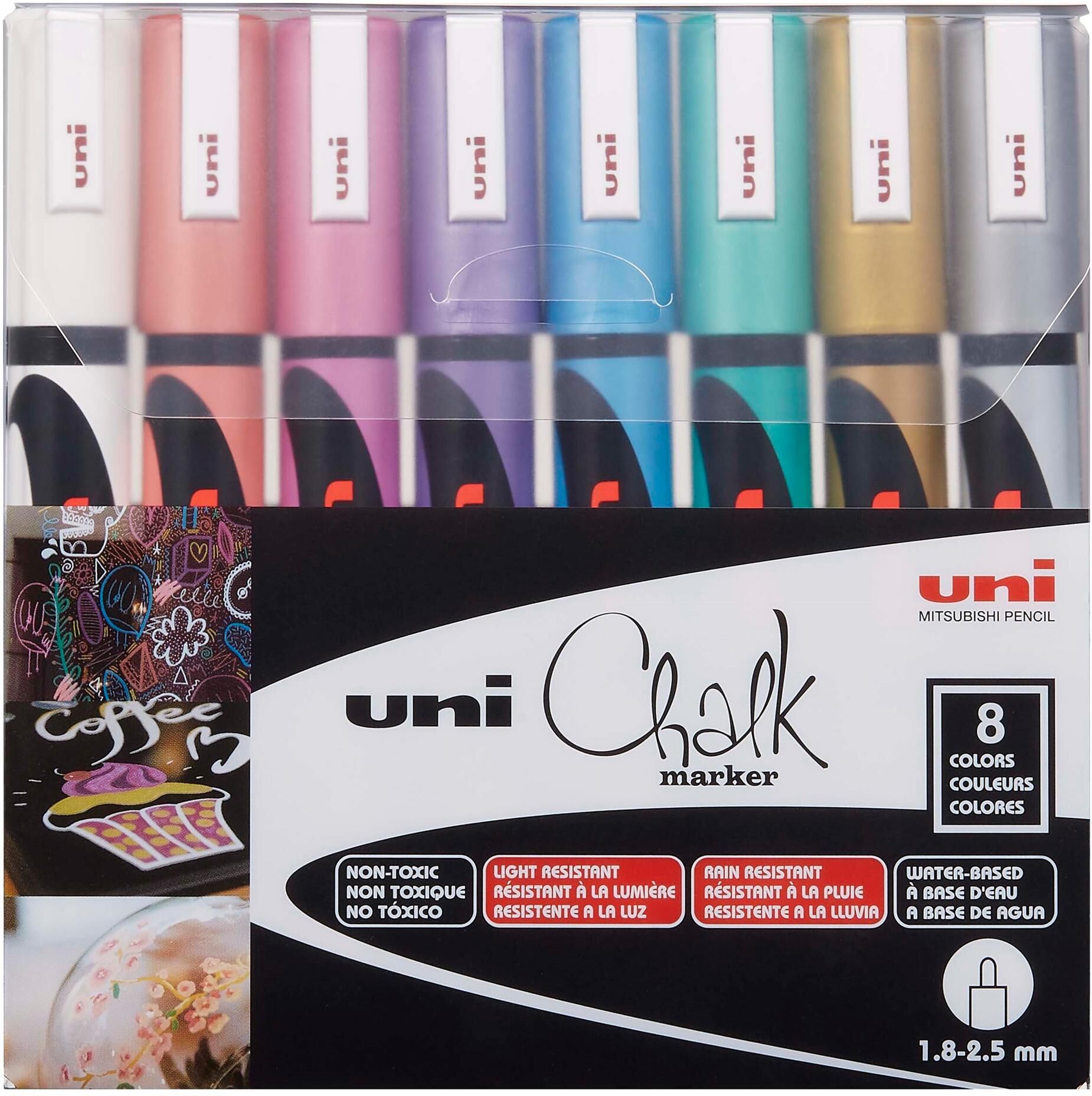 Kreidemarker "Uni Uni CHALK 1.8-2.5 mm Metallic 8 Stk", bunt (mehrfarbig), Stifte, Kreidemarker mehrfarbig Einheitsgröße