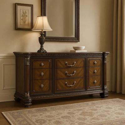 Benjara Naddy Wide Dresser, Ornate Carving, Brown Pine Wood