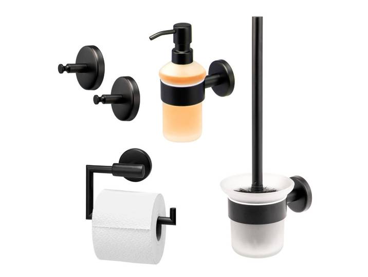 bremermann Badezimmer-Zubehör-Set Piazza Black 4tlg, Edelstahl, schwarz, Schwarz, Metall, 14.5x35x11.5 cm, Badaccessoires