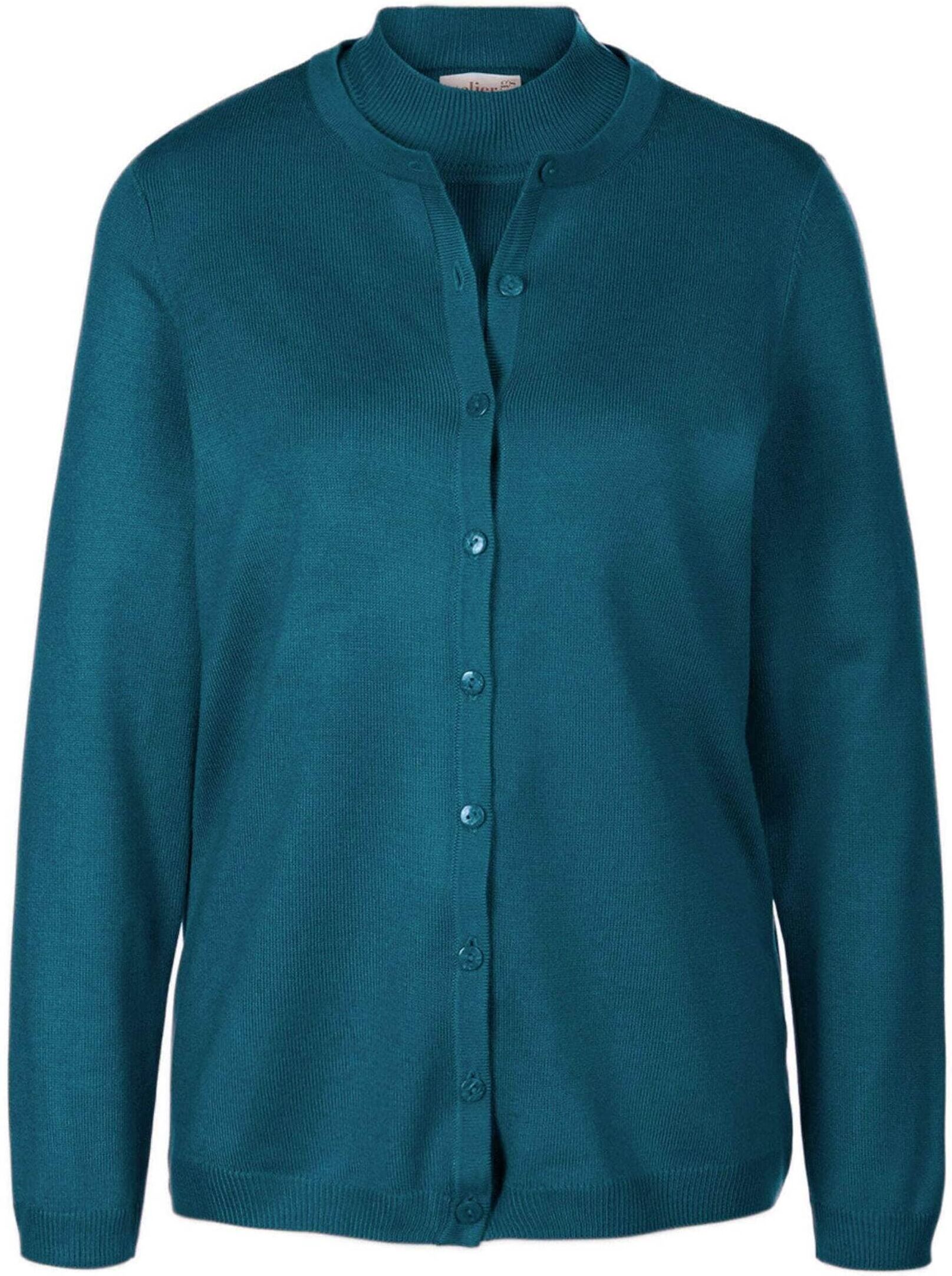 Strickpullover GOLDNER "Strickset aus Jacke, Halbarmpullover", Damen, Gr. 42, blau (dunkelpetrol), Obermaterial: 100% Polyacryl PAN., normal, Sonstiges, Pullover Strickpullover, Ohne