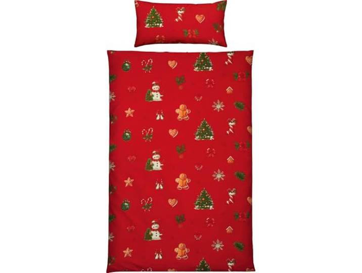 Erwin Müller Edelflanell Bettwäsche Lebkuchenmännchen, Tannenbaum, Schneemann, Weihnachten rot Größe 40x80 cm / 155x200 cm - kuschelige Wärme, temperaturausgleichend, mit Reißverschluss