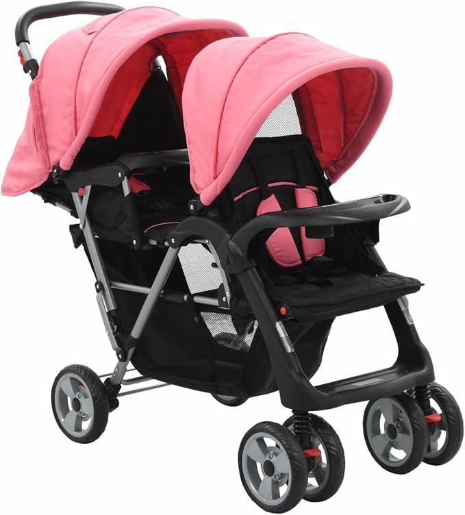 Geschwisterwagen Zwillingswagen Tandem Kinderwagen Zusammenklappbar, Großer Staukorb, Schutz vor Sonnenlicht und UV-Strahlen, Stahl Rosa und Schwarz