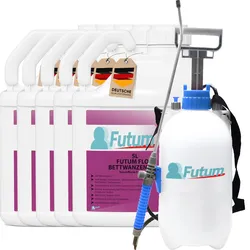 FUTUM 5x5L Bettwanzenspray / Flohspray bekämpft Insekten, Eier, Larven ohne Biozide auf Wasserbasis,  Sofortwirkung ohne Flecken  + 5L Sprüher