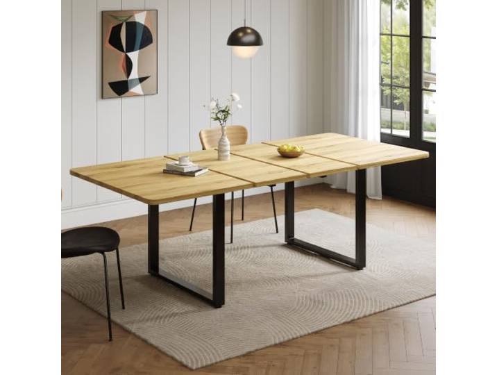 Crlnaup Ausziehbarer Esstisch mit 3 Längen, 140/180/220 * 80 cm, geeignet für 6-10 Personen, rechte Form, Metallbeine,einfacher Stil,Tisch für Esszimmer, Küche, Naturholzfarbe