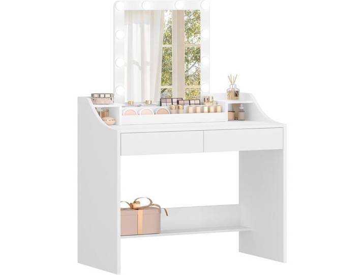 Coiffeuse avec Eclairage LED 90cm Luminosité Réglable Coiffeuse avec Miroir avec 2 Tiroirs et 2 Compartiments Ouverts Blanche
