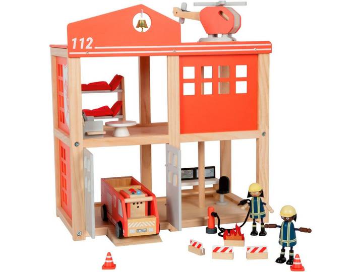 Small Foot Spielwelt Große Feuerwache mit Zubehör, batteriebetriebenes Sound- & Lichtmodul für realistische Einsätze