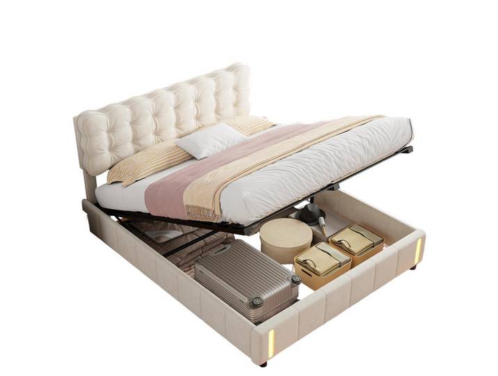 Shopentra Polsterbett 140x190 cm Beige Samt LED Stauraum, Metall, 140x190 cm, Schlafzimmer, Betten, Polsterbetten