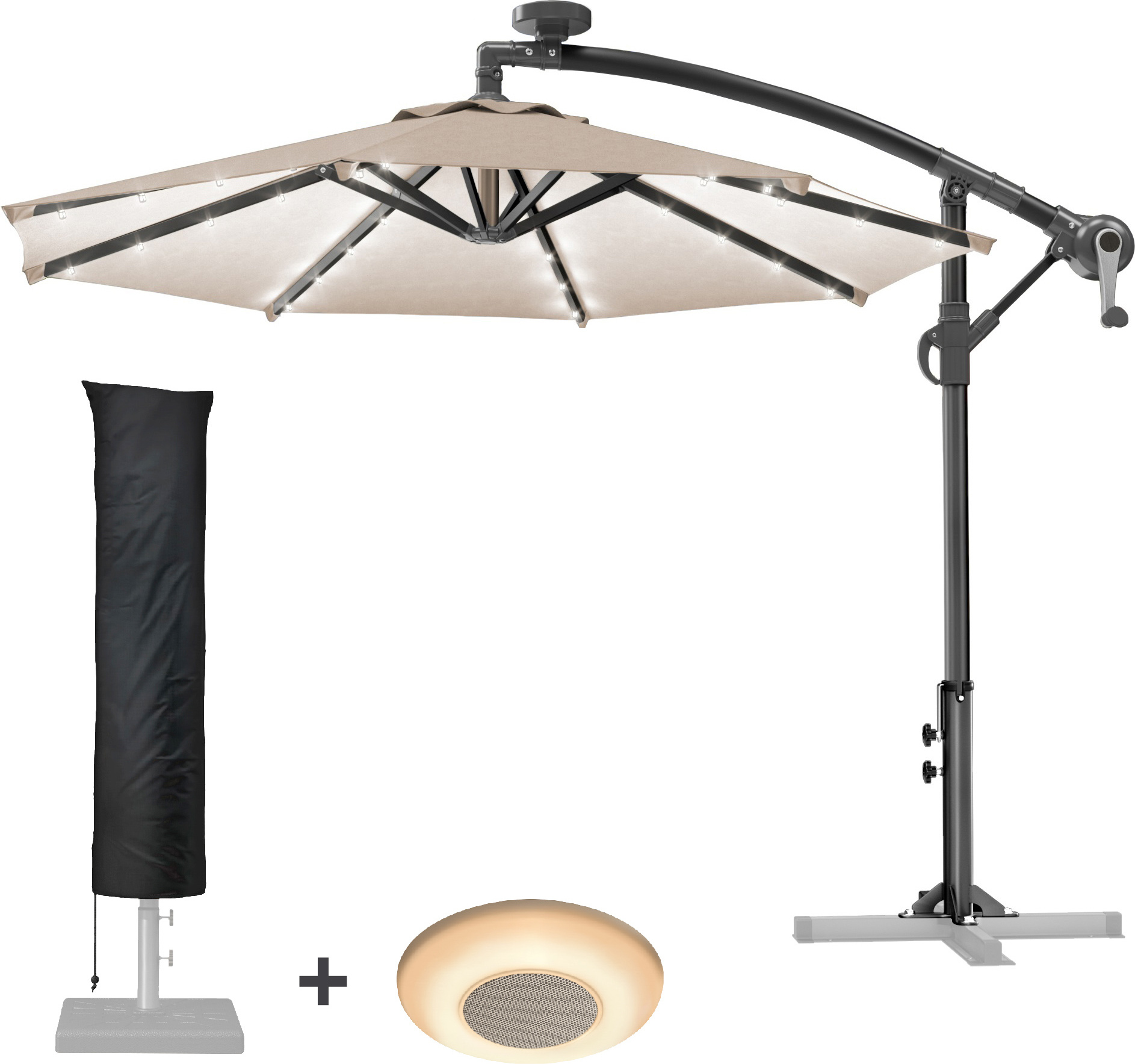 SUN LUCA | Sonnenschirm | Rund | Ø 300 cm | Taupe | LED | +Musikbox & Hülle | Sonnenschirm, Gartenschirm, Ampelschirm, Balkonschirm