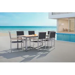 OUTFLEXX Garten-Essgruppe, schwarz, Edelstahl/Teak, Esstisch 180 x 90 cm, 6 Stapelstühle gepolstert