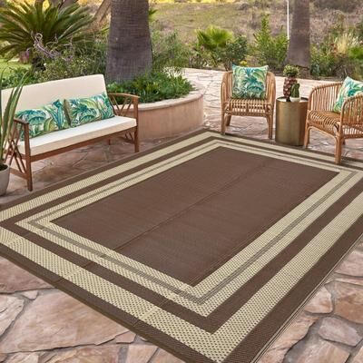 Garvee Waterproof Reversible Outdoor Plastic Straw Rug Bordered Print Modern Camping Rugs, Lightweight, Portable