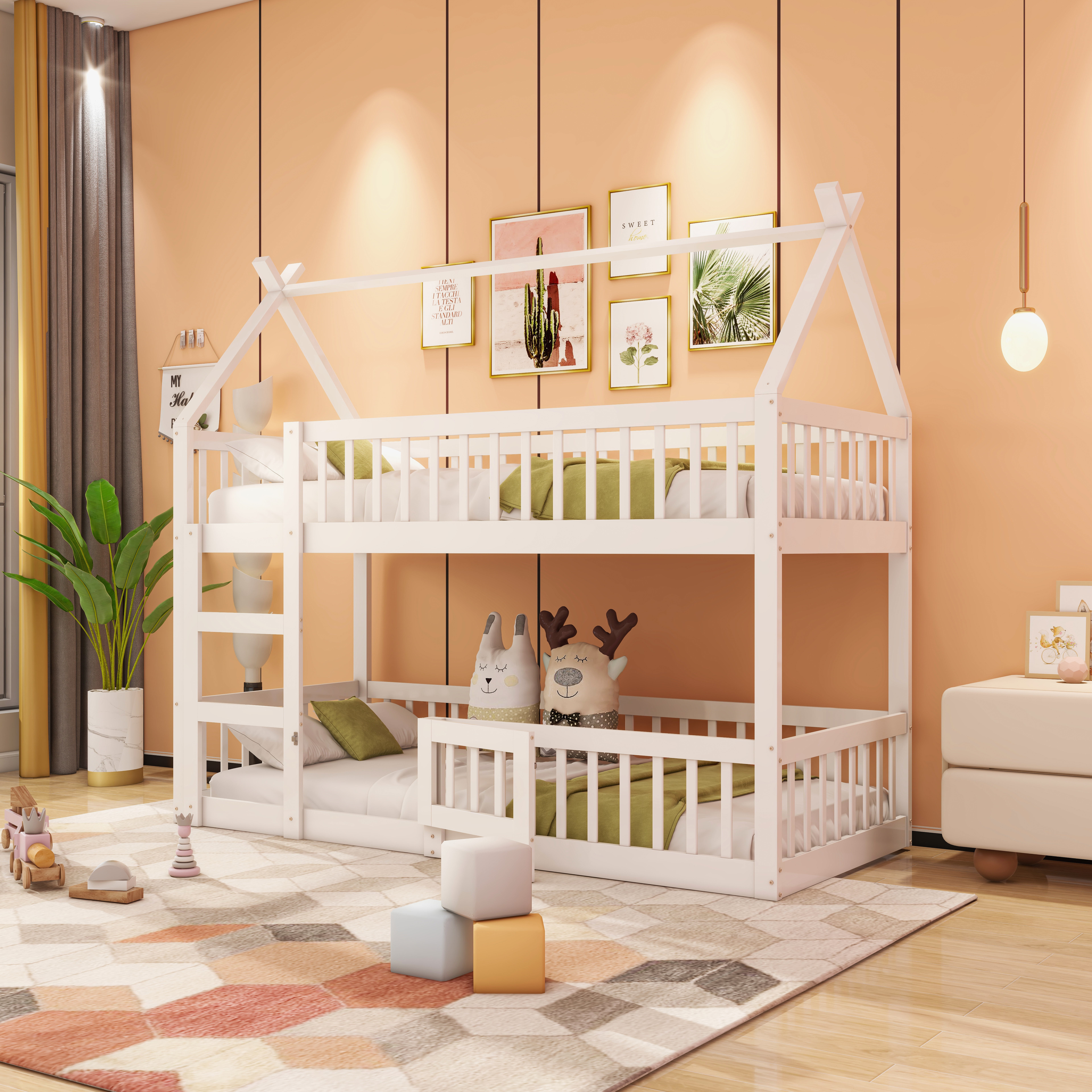 MODFU Kinderbett 90x200 mit Matratze x2,Etagenbett mit Matratze Jugendbett mit Treppe& Sicherheitszaun,Weiß