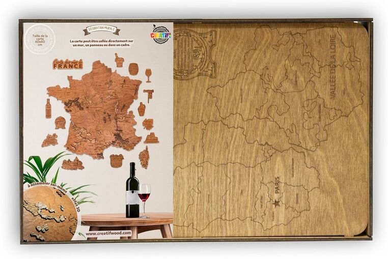 Carte des vins de France 3D en bois 60 x 60 cm - Creatif Wood
