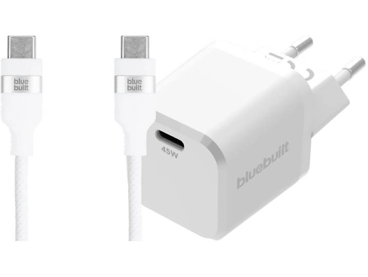 BlueBuilt Power Delivery Oplader 45W + Usb C Kabel 1,5m Nylon Wit
