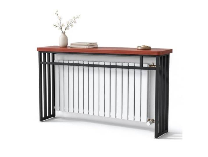 Heizkörperverkleidung, Holzplatte, Kohlenstoffstahlhalterung 17 mm Tischplatte, Abgerundete Ecken, Stahlrohre, Rostschutz, Schwarz oder Weiß(Black,120x20x89CM/47x8x35IN)