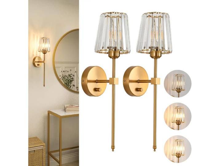 Lot de 2 appliques murales en cristal, applique murale à intensité variable avec abat-jour en cristal pour salon, chambre à coucher, ampoules incluses