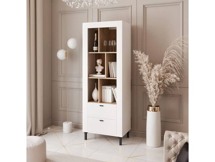 Buffet haut AVENA - 2 tiroirs et 6 compartments - sur pieds - 60x40x169 cm - Blanc/chêne