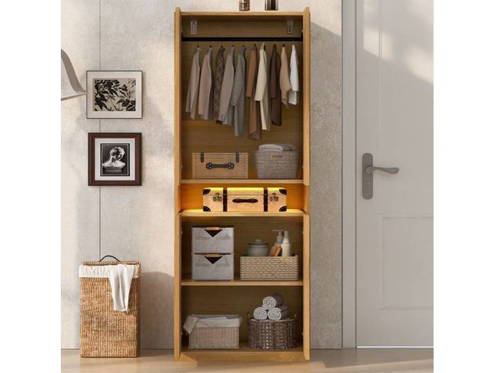 ULEVR Armoire de chambre couleur bois 70 x 55 x 180 cm avec penderie rangements et compartiment LED