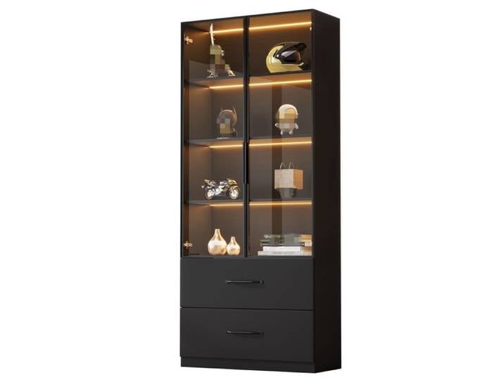 Vitrine LED en Verre Trempé 60×40×160cm Meuble de Rangement avec 2 Tiroirs 2 Portes en Verre Cadre en Aluminium Bibliothèque
