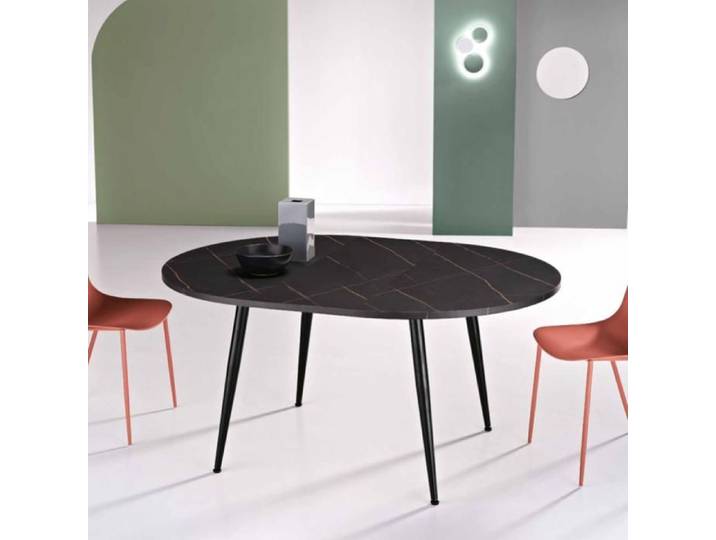 Table ronde HABLA avec plateau en MDF effet marbre noir extensible jusqu'à 160 cm