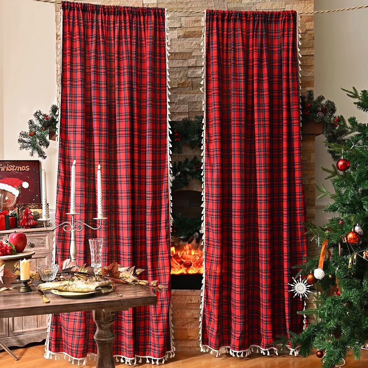 INF Weihnachtliche Amerikanische Quasten-Gardine mit Stangentasche - Einzelpanel S