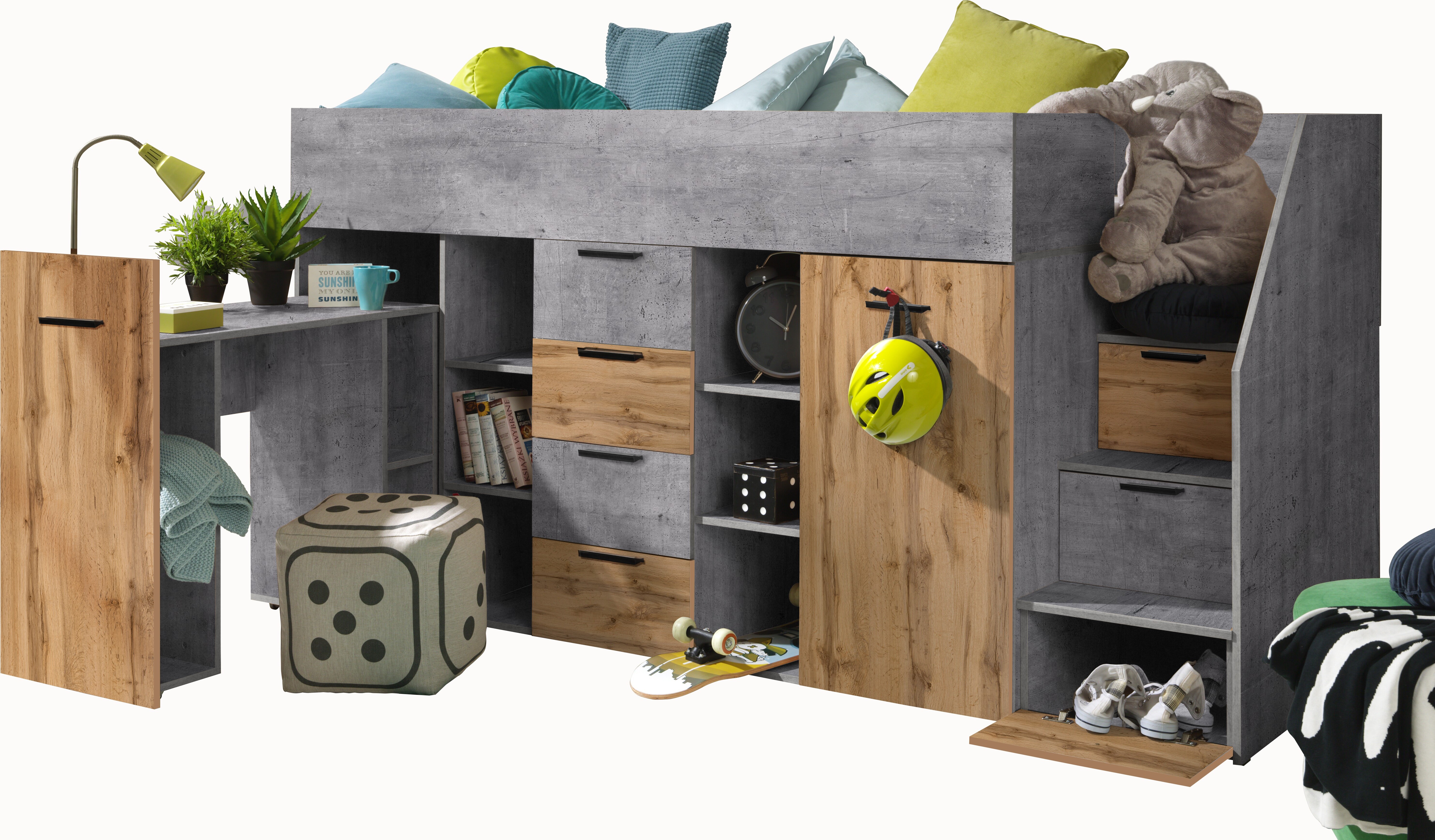 Etagenbett für Kinder KONKRET 3 Stockbett mit Treppe, Kleiderschrank und Schreibtisch (Beton + Wotan Eiche, Seite: Rechts)