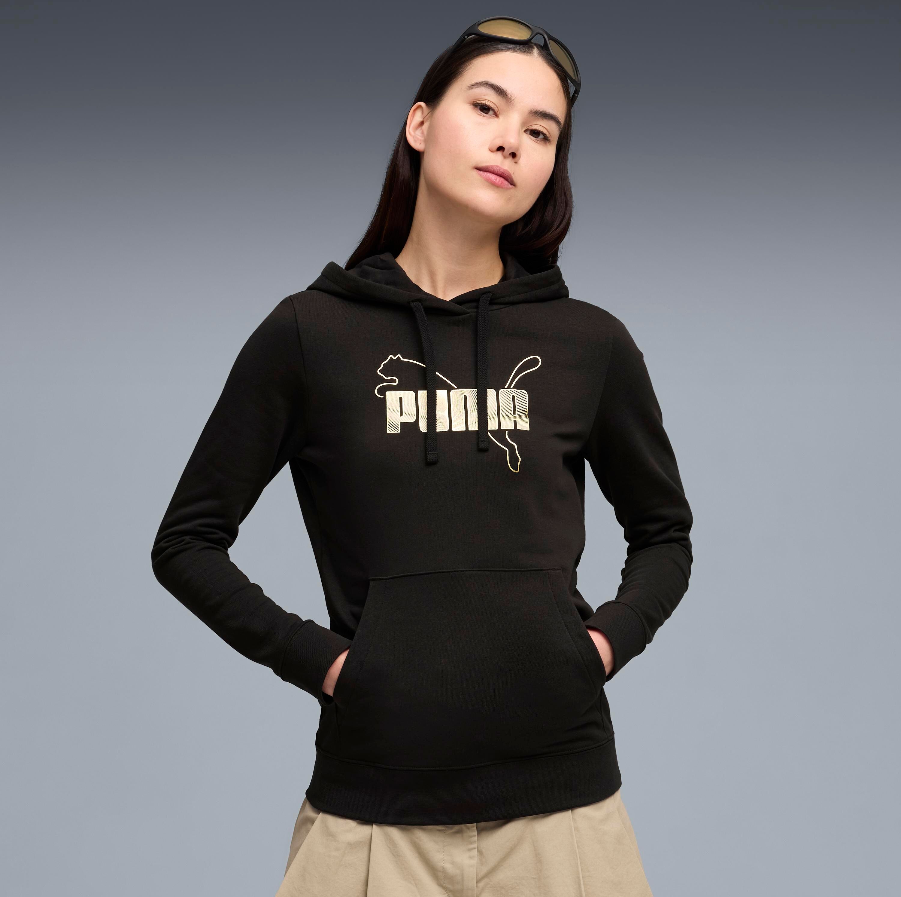 Kapuzensweatshirt PUMA "ESS LOGO LAB METALLIC HOODIE TR", Damen, Gr. S, schwarz (puma schwarz), Sweatware, Obermaterial: 68% Baumwolle, 32% Polyester, bedruckt, regular fit normal, angesetztes Bündchen, Sweatshirts Kapuzensweatshirt, Regular Fit, mit Prin