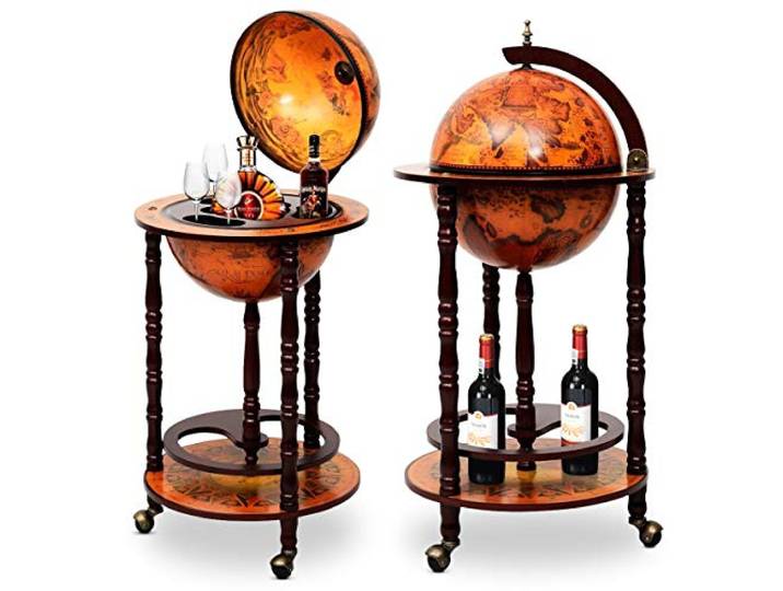 DREAMADE Globus Bar Barwagen, Weinregal auf Rollen, Minibar Globus Hausbar, Servierwagen mit Klassischem Design, Tischbar Cocktailbar Barschrank Globusbar (Braun)