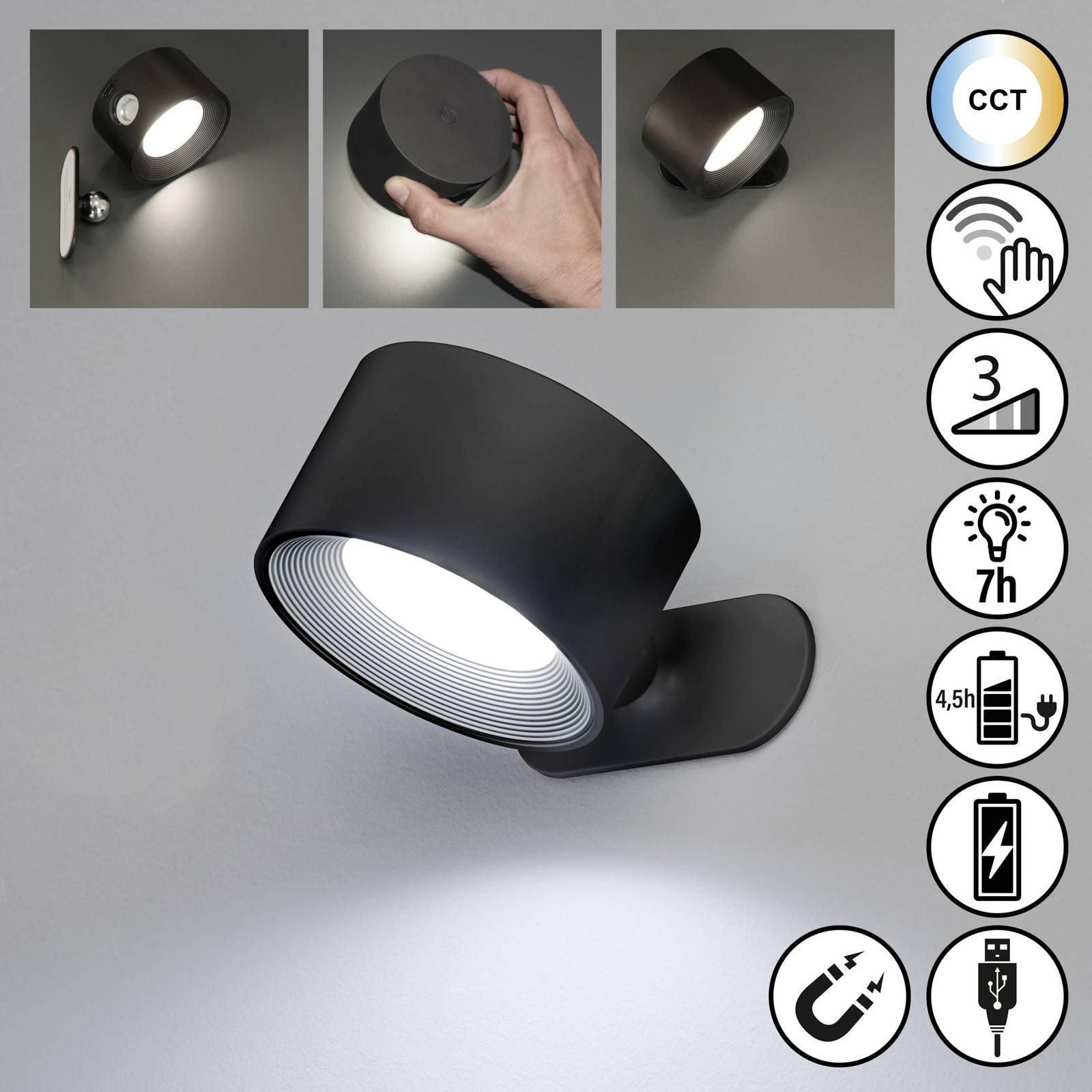 FH Lighting Led seinävalaisin Magnetic, himmennettävä, Musta, Olohuone/ruokailutila, Synteettinen materiaali, Moderni