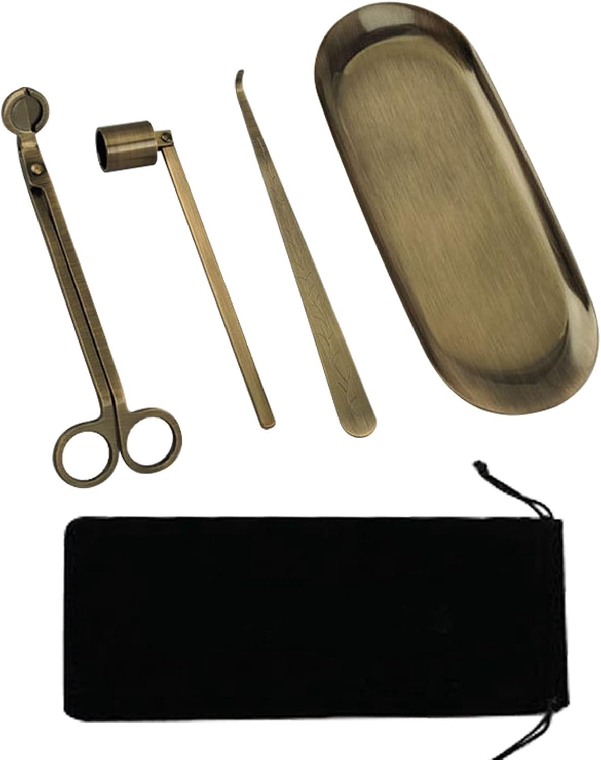 4-in-1 Cadeauset voor Kaarsenliefhebbers met Kaars Pincher, Lint Cutter, Dipper, Opbergtray en Fluwelen Pouch