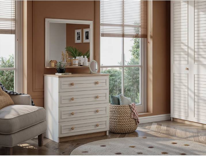 Möbel-Zeit Kommode POLO Spiegel Set – Landhausstil – Weiß/Natur – 4 Schubladen