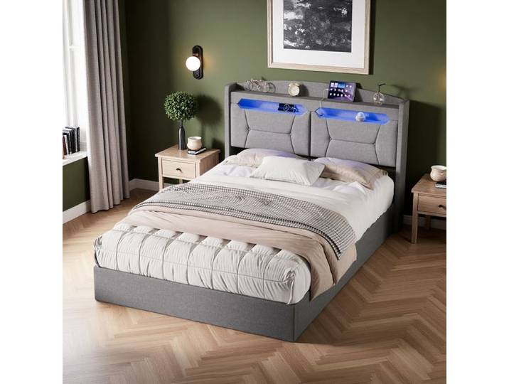 Lit coffre 140x190 cm avec LED Lit 140x190 cm Lit 2 personnes Sommier et coffre de lit Lit double 140x190 cm Cadre de lit