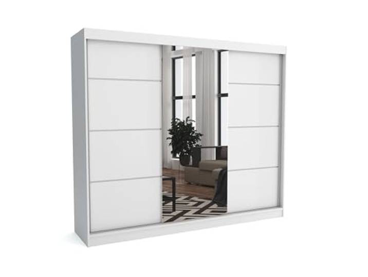 Brent - Kleiderschrank mit Spiegel Tom, 250cm Breit, Schlafzimmerschrank mit 1 Kleiderstange und Einlegeböden für Kleidung, Kleiderschrank Weiß