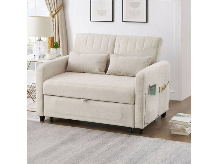 Canapé banquette 2 places avec fonction couchage dossier 3 positions tissu coton-lin design épuré