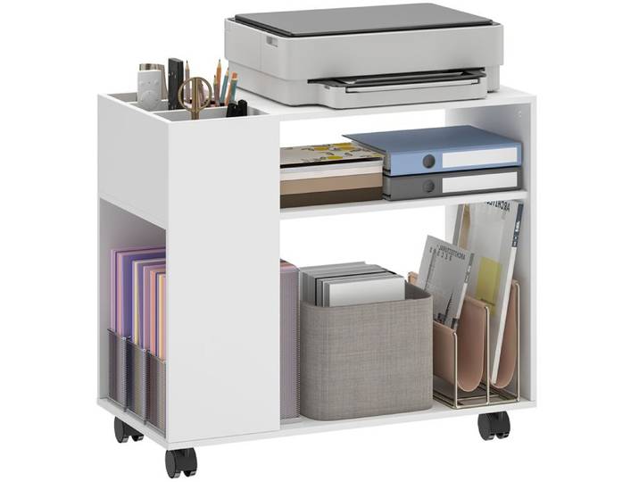 VVBV Meuble Imprimante Roulant avec Compartiments et Étagères Support Imprimante Bureau Blanc 70 x 34 x 60 cm 60 cm