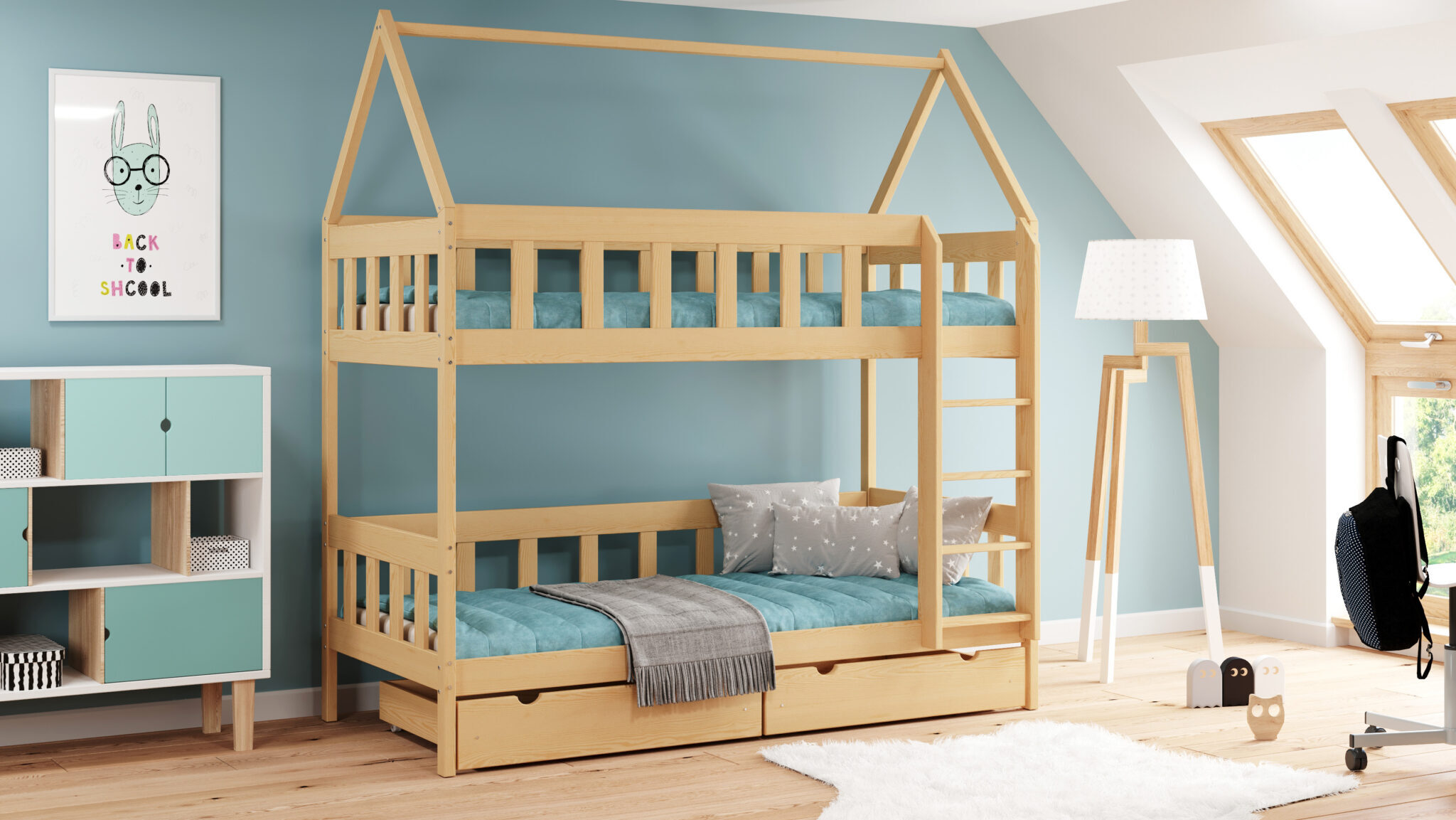 Doppel-Etagenbett mit Leiter Domek Chwat, 80 x 180 cm, Höhe 209 cm, Meble Wróbel, Naturbelassen