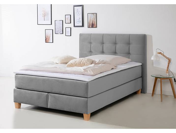 Boxspringbett, Samtstoff, Grau, 154×211 cm, Mit Topper, 7-Zonen-Kaltschaummatratze, Modern, Home Affaire