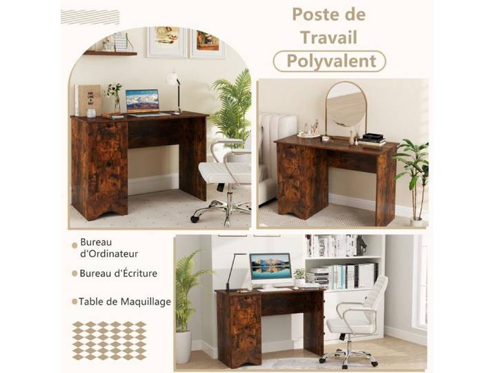 Bureau avec 2 tiroirs bureau informatique et d'écriture pour télétravail grand plateau coloris brun rustique