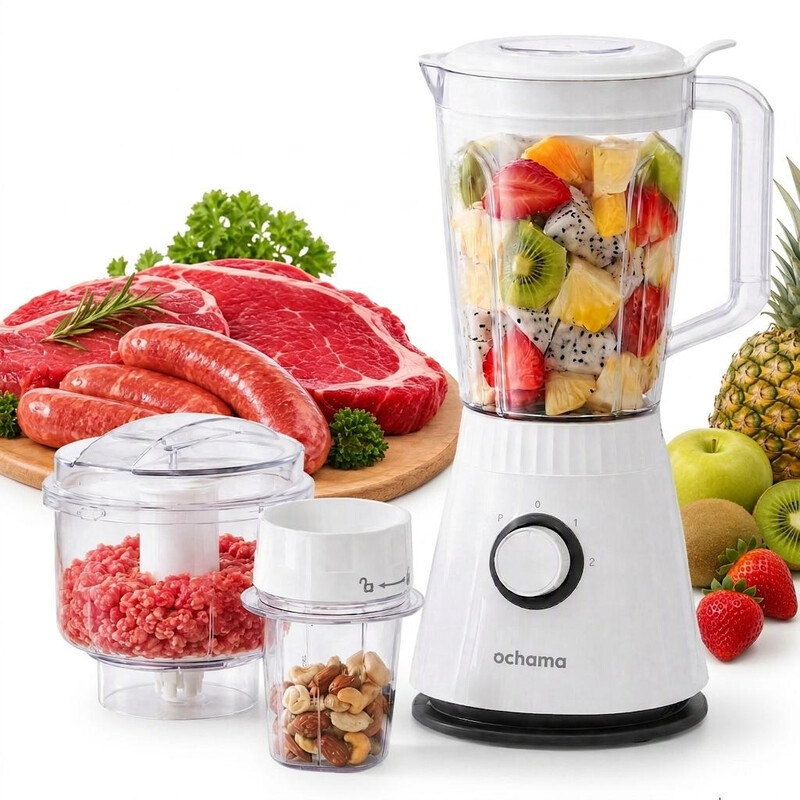 Ochama Multifunctionele Blender 600 W, 1,5 l Compacte Elektrische Smoothie Maker met 3 Snelheden voor Smoothie, Ijs, Vlees en Babyvoeding