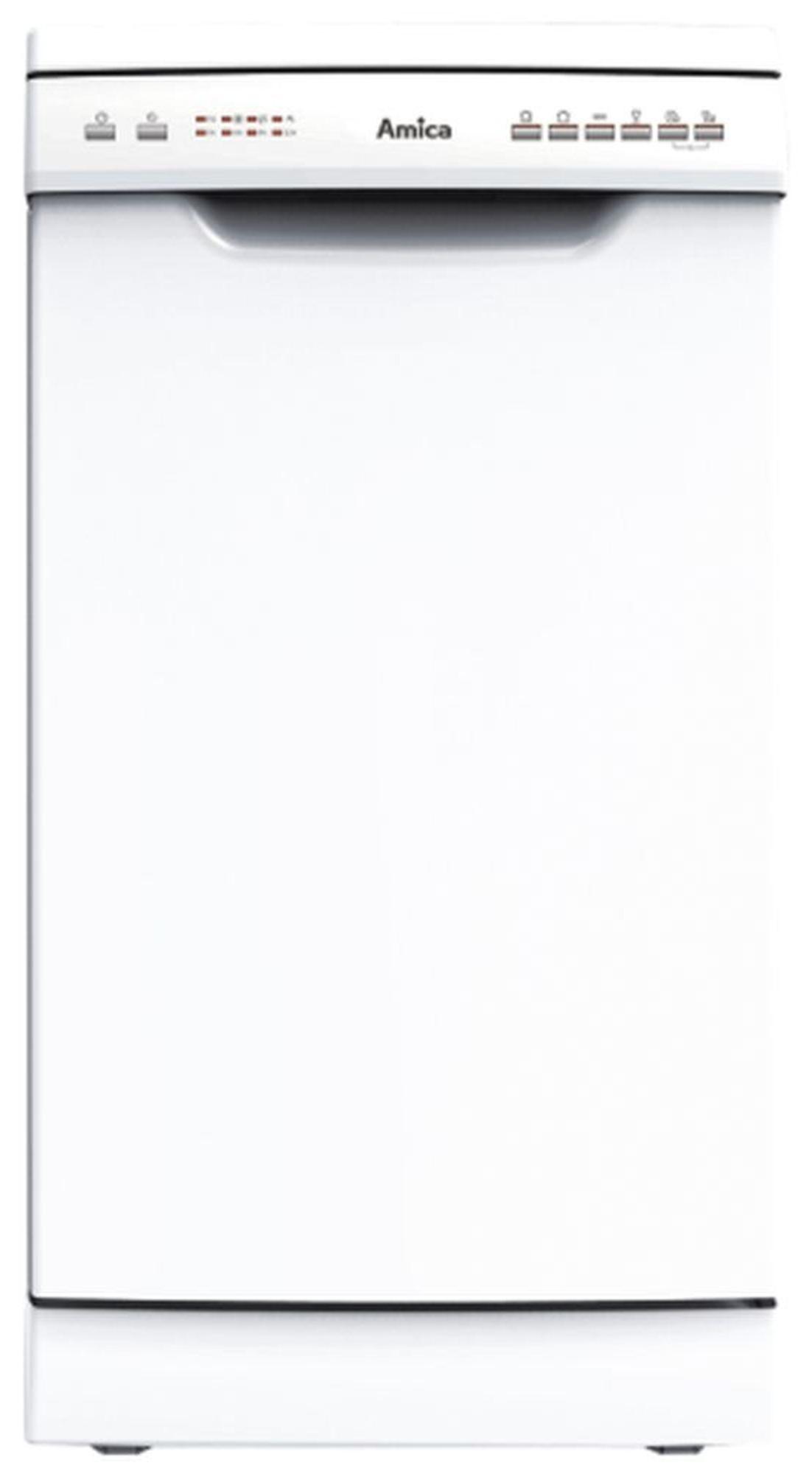 Amica GSP 14544 W Freistehender GeschirrspÃ1/4ler, Weiß, 44,8 cm Breite, 9 Maßgedecke, 5 Temperatureinstellungen, 6 Programme, , 9 Liter/Programm, 70 kWh/100 Zyklen, 49 dB, Programm fÃ1/4r halbe Beladung, Startzeitvorwahl, Wasserauslaufschutz