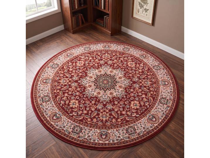 Wollteppich THEKO Dolna - 859 , rot, B:200cm H:10mm L:200cm Ø:200cm, Schurwolle, Teppiche, Wollteppich, Kurzflor, reine Wolle, Orient-Optik, auch in rund, Wohnzimmer, Topseller