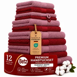 Betz 12-tlg. Handtuch-Set PREMIUM 100% Baumwolle 2 Duschtücher 4 Handtücher 2 Gästetücher 2 Seiftücher 2 Waschhandschuhe rubinrot/beere
